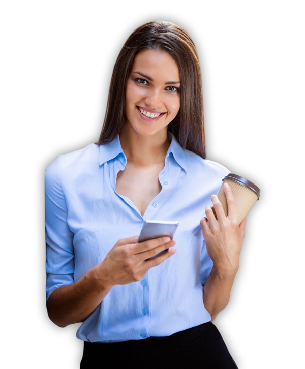 Woman Holding Mobile And Coffee Cup
