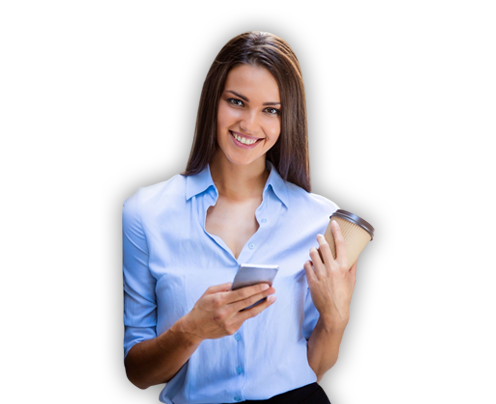 Woman Holding Mobile And Coffee Cup